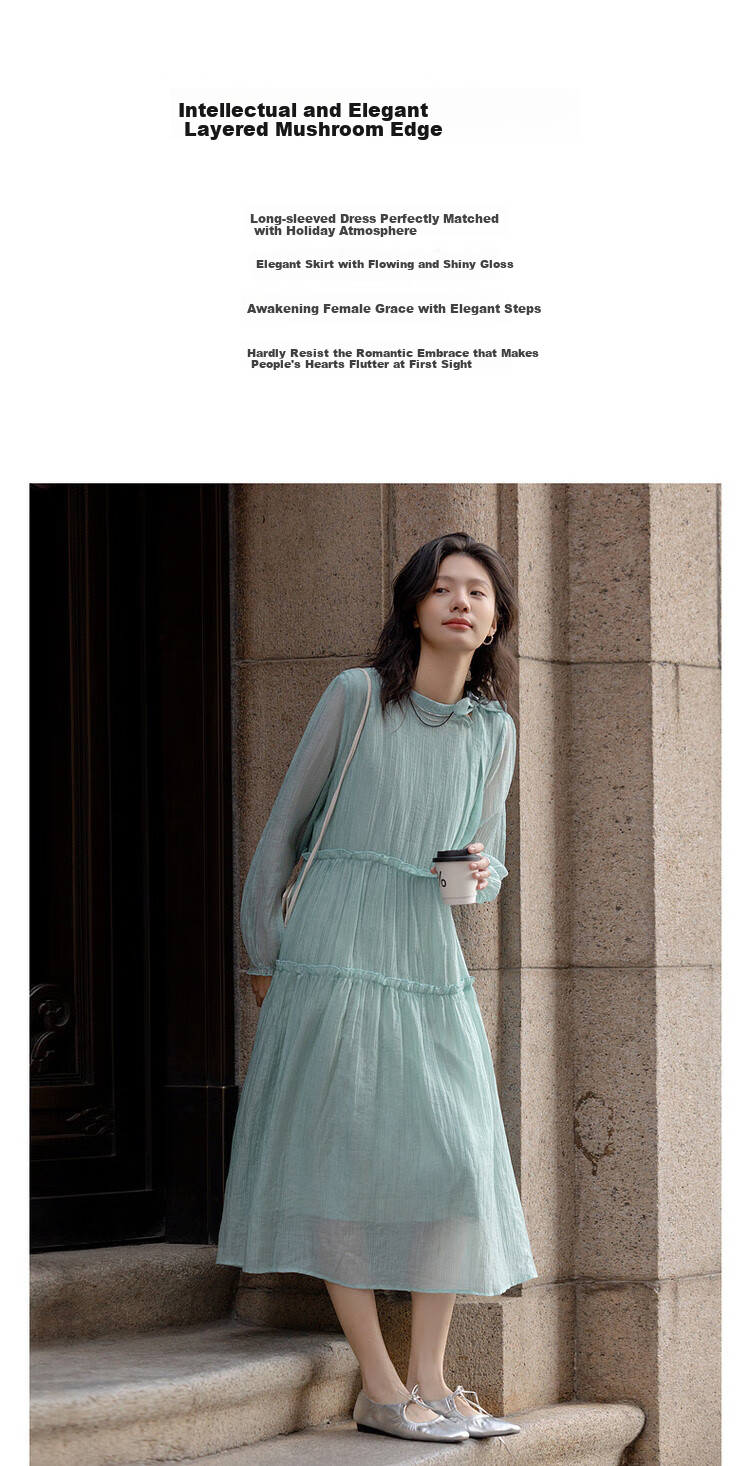 Dme [Boleng Zhilian] Spring French-Style Split Ruffle Trim Round Neck A-Line Concealing Mid-Length Women's Dress 1
