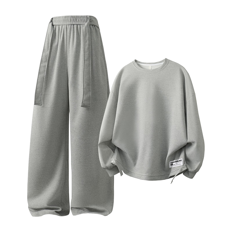 :CHOCOOLATE IT Casual Hoodie Set Men's Two-Piece Trendy Loose Top and Sweatpants Full Outfit Gray 5XL