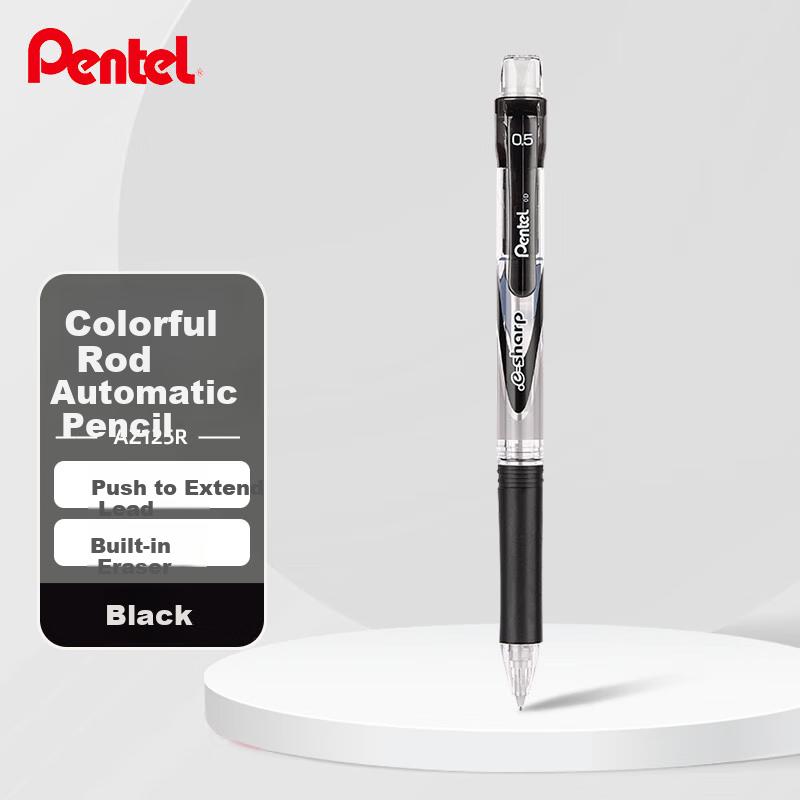 Pentel AZ125R Mechanical Pencil, 0.5mm Student Writing Pencil for Drawing And Exams, with Eraser Tip, Black, Single Pack