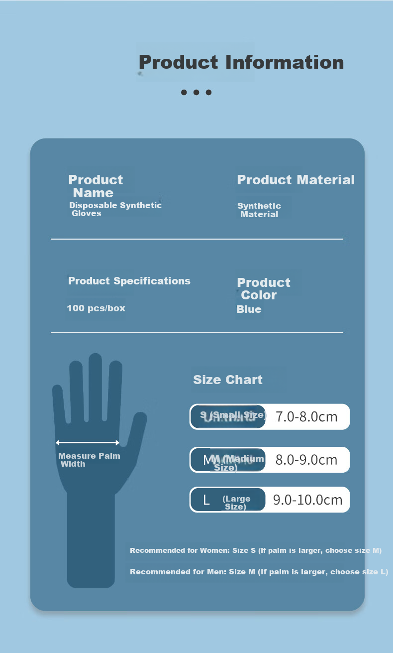 INTCO Disposable Gloves, Synthetic Gloves, 100 Pieces, Small Size, for Catering, Kitchen, Household Cleaning, Hotel, Dental Use, Blue Gloves 8