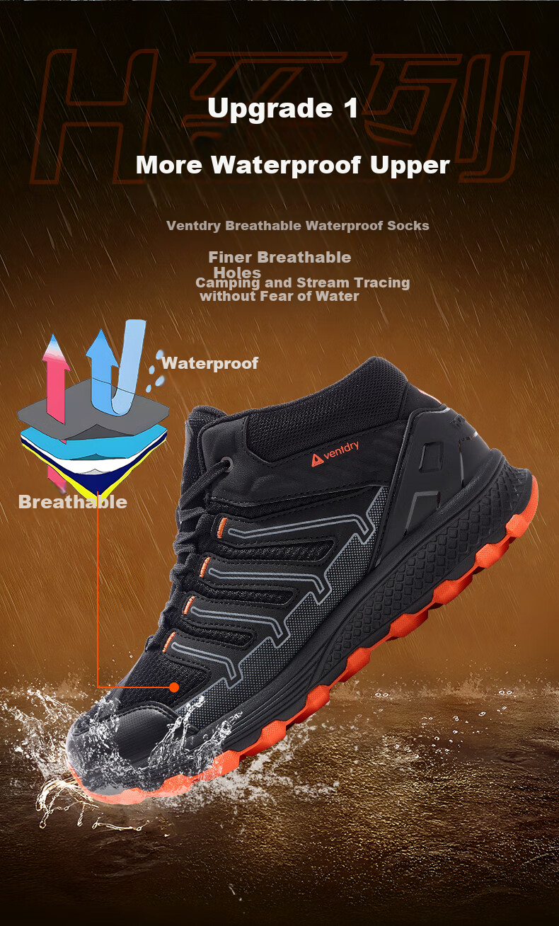 Huwaitegong Hiking Shoes, Fully Waterproof And Non-Slip, Lightweight Outdoor Sports Travel Mid-High Top Mountaineering Shoes H52, Black Orange Color, Size 36 5