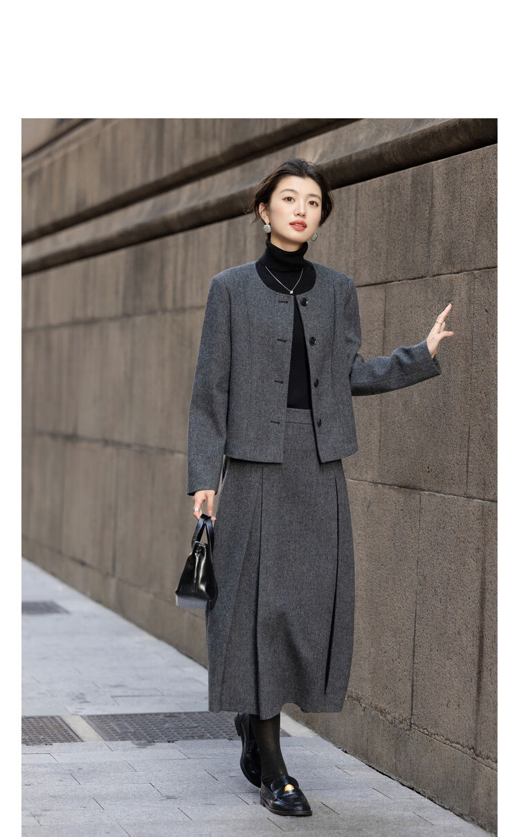 Demana [With Wool] Winter Sesame Dot Woolen Suit Round Neck Short Jacket Pleated A-Line Skirt Women's Two-Piece Set 1