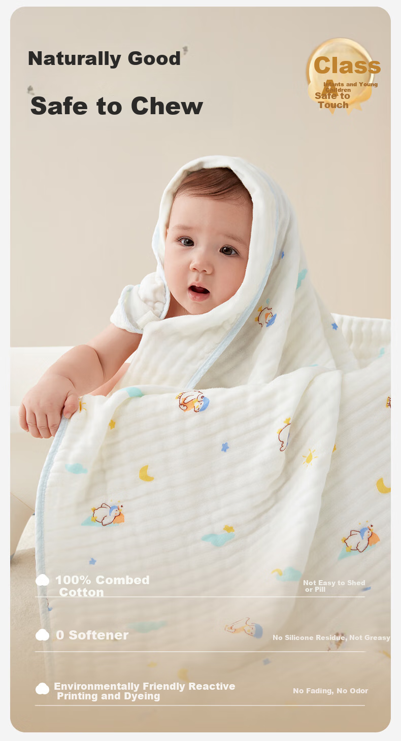 PurCotton Children's Bath Towel, Pure Cotton Gauze Bath Towel, Baby Bath Towel, Antibacterial And Anti-Mite, Healthy Little Duck Design, 95cm × 95cm 11