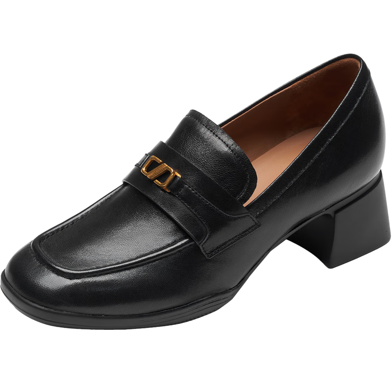 Le Saunda 2026 Spring Summer Chunky Heel Square Toe Fashion Commuter Genuine Leather Loafers Women 41701 Dewa Black BKK 36