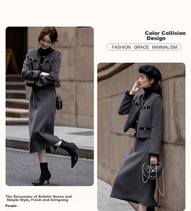 Dme [Breathable Wool] Autumn And Winter Qianjin Madeline One-Word Bag Contrasting Color Set, Chanel-Inspired Two-Piece Set for Wome 5