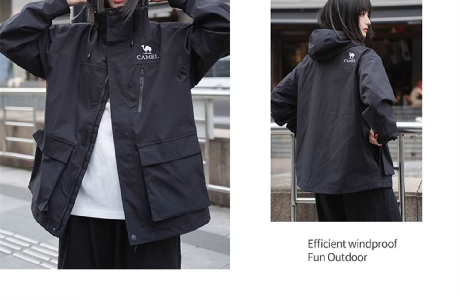 CAMEL Three-In Outdoor Jacket, Hiking Windproof Waterproof Coat, Camping Trekking Outerwear, O606, Phantom Black, XL 16