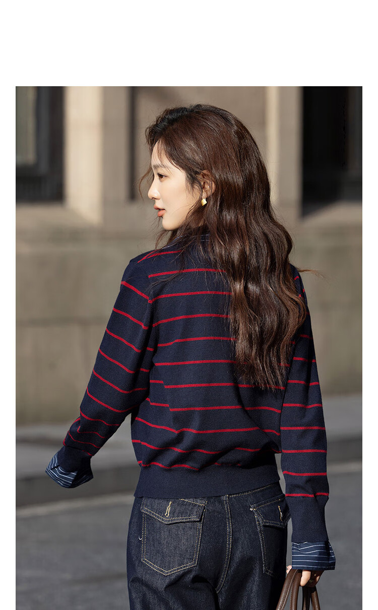 Demana Vintage Channel Autumn Fashion Patchwork False Two-Piece Lapel Color-Block Striped Knit Sweater Top 1