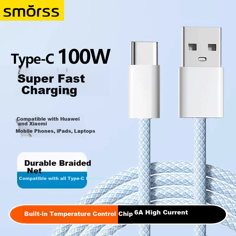 Кабель Smorss Type-C, 100W, 1м, синий, для быстрой зарядки Huawei, Honor, OPPO, Xiaomi