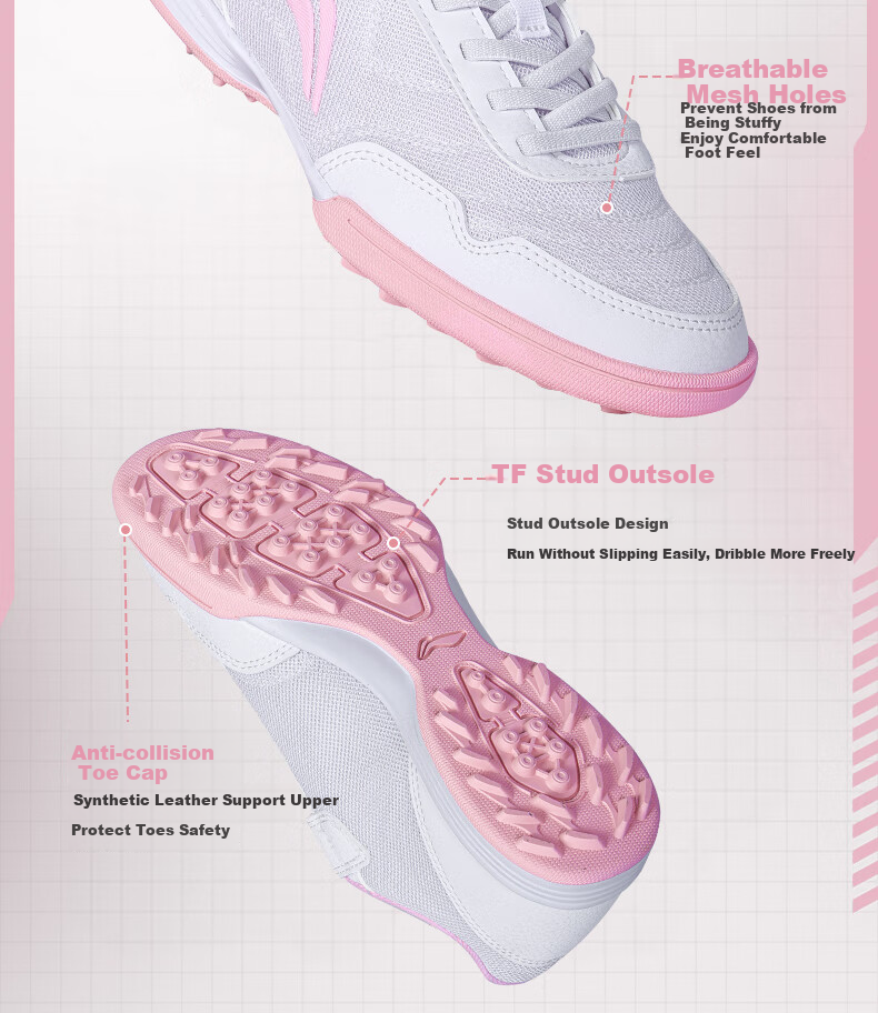 Li-Ning Children's Soccer Shoes, for Ages 6-12, TF Turf Cleats, Girls' Youth Professional Football Boots, Breathable for Summer, Elementary School Students' Cleats, Pink, Size 34 2