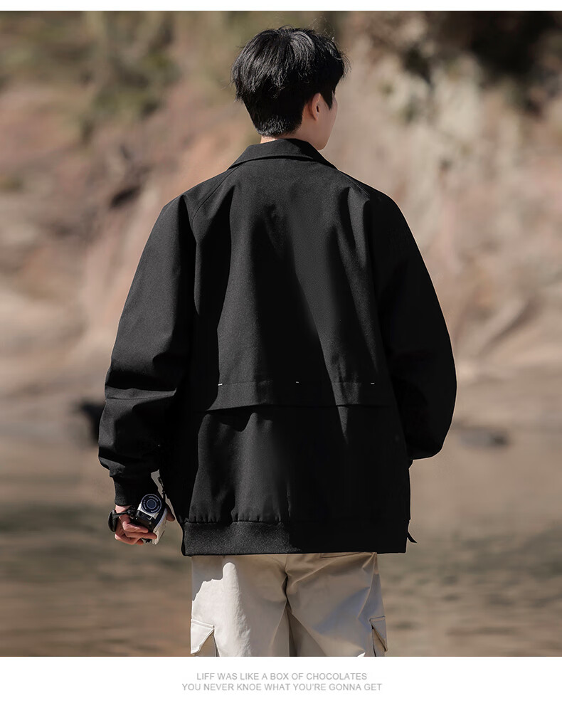 Foss Phil Men's Jacket, Spring And Autumn Casual Loose Fit, Japanese Retro Simple Solid Color Coat for Men, 2510 Amber Black 2XL 8