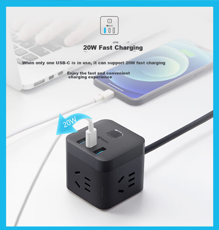 BULL 20W PD Apple Fast Charging Cube Power Strip/Extension Cord/Surge Protector/Desktop Charging Station, Type-C+USB+3 Outlets, 3 Meters Long, Black, GNV-UU2203H, Master Switch 4