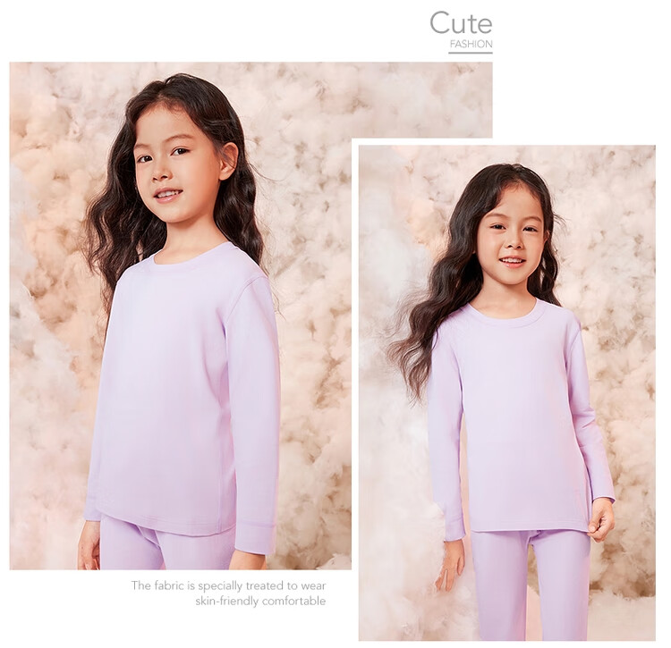 THREEGUN Kids A-Class Fire Cotton Anti-Mite Antibacterial Crew Neck Girls' Innerwear Set Windproof Cuffs Light Purple 120 2