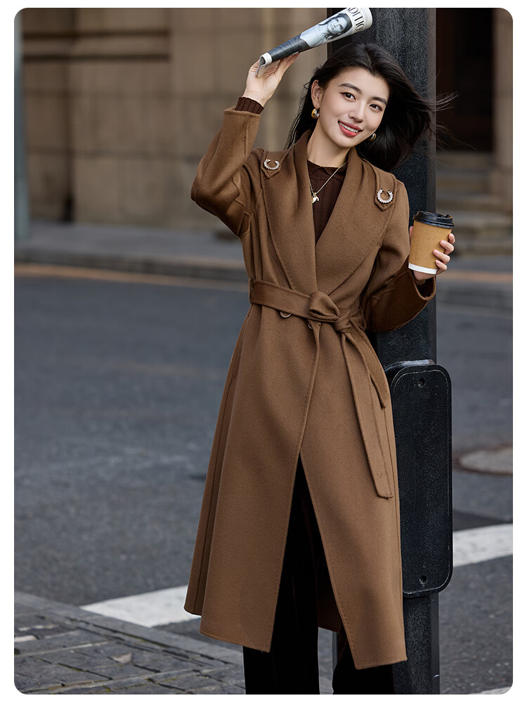 Bailu Elegant Commuter Double-Sided Wool 25 Winter New Belted Slim Fit 100% Wool Coat Women French Red L 9