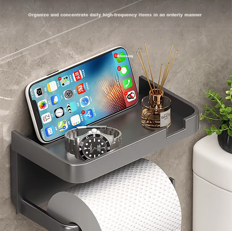 Xinpei Bathroom Tissue Holder, Space Aluminum, No Drilling Required, Double-Layer Paper Towel Dispenser, Toilet Roll Holder, Bathroom Storage Rack 2
