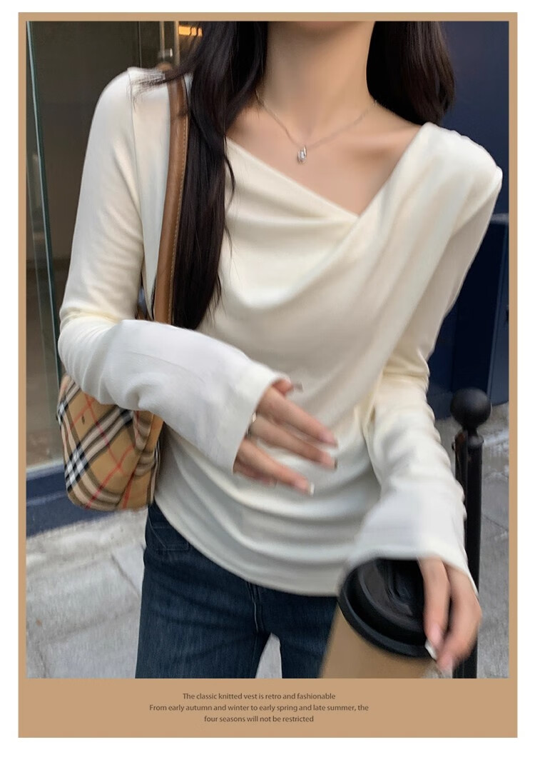 Woodpecker Dangling Collar Long Sleeve T-Shirt Women Autumn New Pure Desire Off-Shoulder Slim Fit Base Shirt Top Apricot XL 3