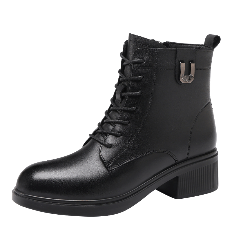 Red Dragonfly Women's Martin Boots Winter Cowhide Cotton Shoes Versatile Fleece Warm High-top Short Boots WTC456941C Black Size 38