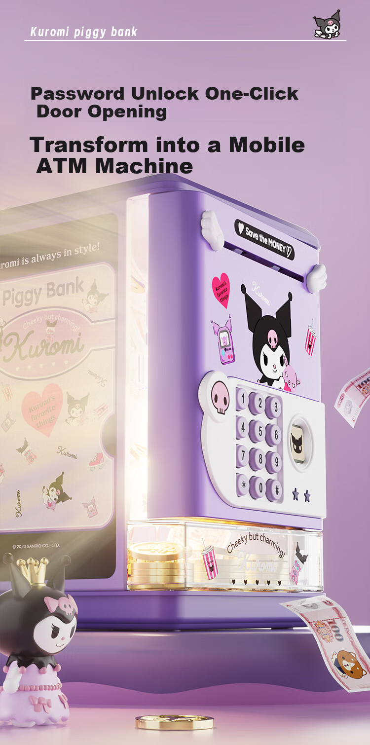 KUROMI Sanrio Melody Piggy Bank Children's Toy with Realistic Fingerprint Recognition, Savings Bank for Girls Aged 5-14 Birthday Gift 4