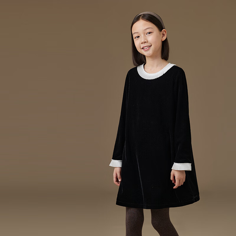 Hacikis Kids Autumn Winter French Hepburn Style Children's Lace Velvet Girls Long Sleeve Dress Thick Mousse Black 160