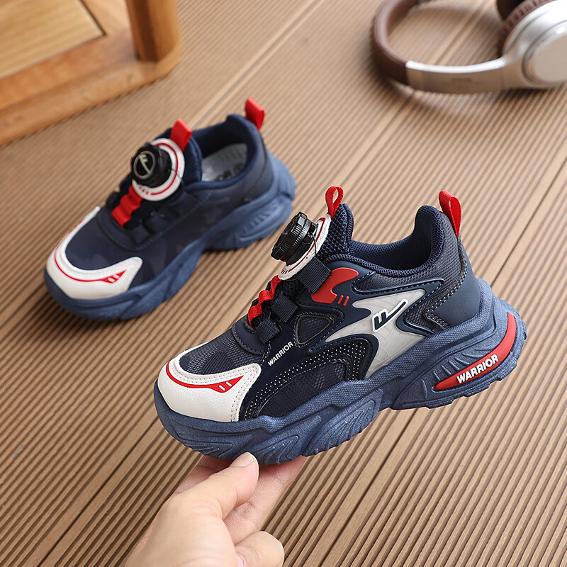 Warrior Boys' Breathable Running Shoes with Dial Closure, Comfortable Sports Shoes for Older Children WZ(CL)-0763 Dark Blue Beige Size 37