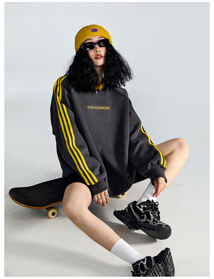 ICH MODE American Style Crewneck Pullover Sweatshirt Vintage Striped Women's Spring Autumn Long Sleeve Loose Sports Jacket Blue M 12