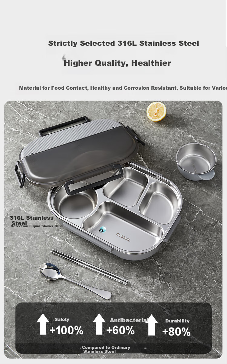 JD Original Lunch Box, 316L Stainless Steel Meal Container, Microwave-Safe Lunch Box for Office Workers And Elementary School Students, 2L Capacity, Includes Chopsticks, Spoon, And Insulated Bag 2