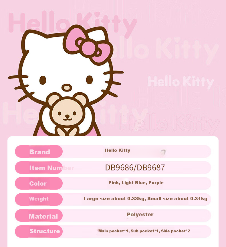 Hello Kitty Backpack for Elementary School Students, Cute Cartoon Backpack for Girls, Children's Schoolbag for Grades 1-3, Cartoon Bag DB96587A Pink 9