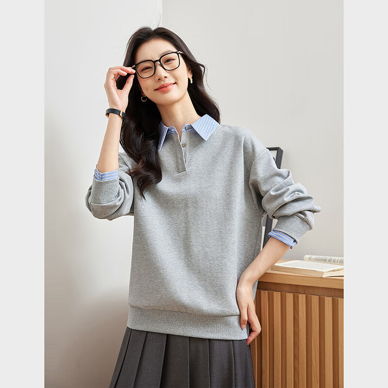 Fansiman Shirt Collar Spliced Fake Two-Piece Sweatshirt Women Autumn College Style Loose Long Sleeve Top Jacket Light Gray M