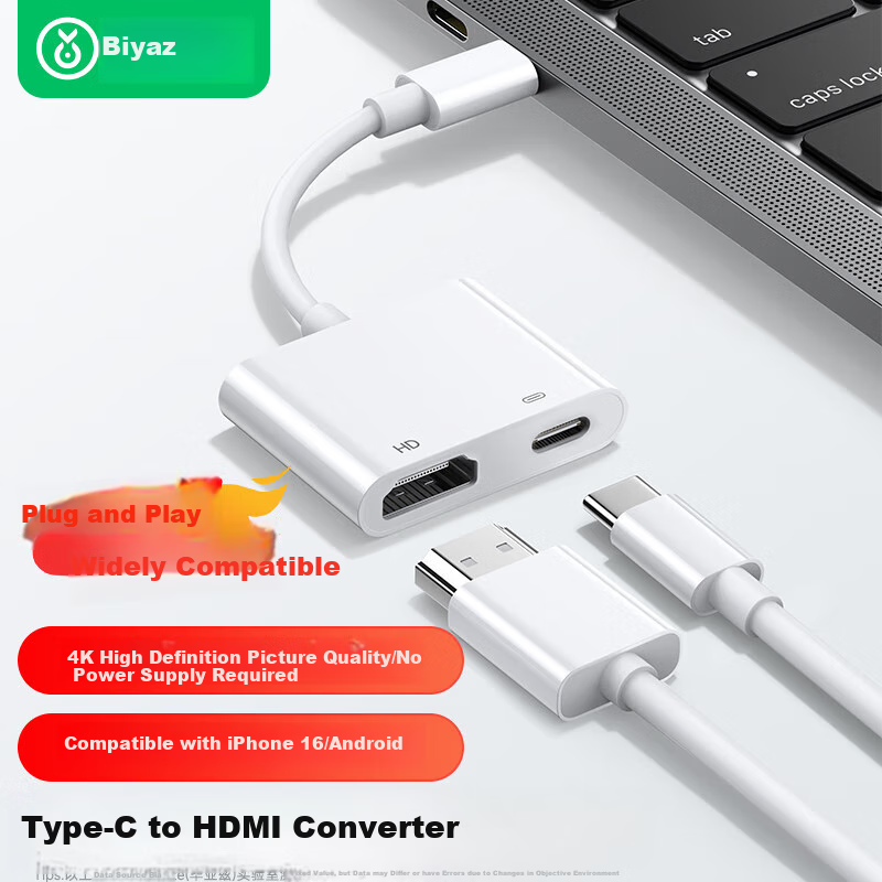 BIAZE Type-C to HDMI Converter, 4K HD No Power Supply Required, Screen Mirroring for IPhone 17/16/15 Pro Max, Huawei Air Xiaomi, USB-C Port for Phones, Tablets And Laptops
