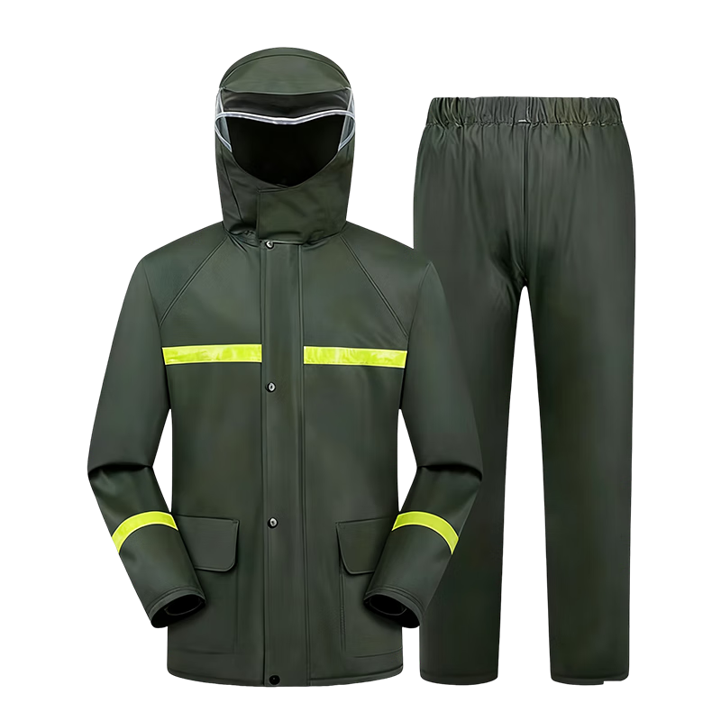 Gongqiyou Adult Reflective Raincoat Set Split Knitted Fabric Anti-Rainstorm Duty Traffic Construction Flood Control Suit Military Green XL