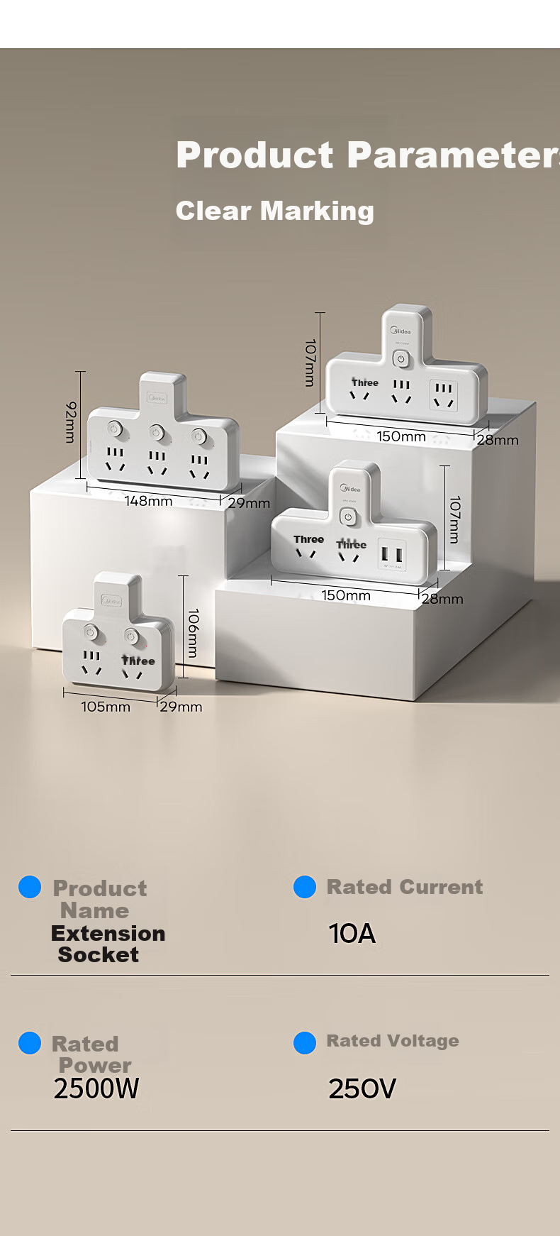Midea Power Adapter/Three-Prong/One-To Socket/Power Converter/Power Strip, Master Switch 3 Outlets 5 Holes EP2ZKC35 6