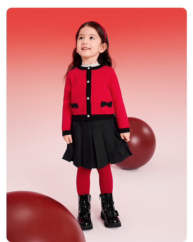 Balabala Kids Clothing Girls' Set 2025 New Spring Autumn Red Little Chanel Style Two-Piece Sweet Dress 2
