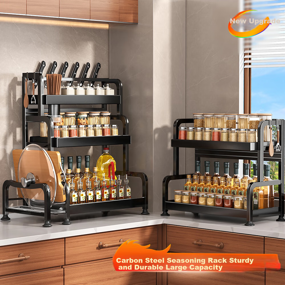 Jiabangshou Kitchen Utensil Storage Rack, Spice Rack, Countertop Multifunctional Seasoning Organizer Shelf, Knife Holder, Double-Layer, 50cm