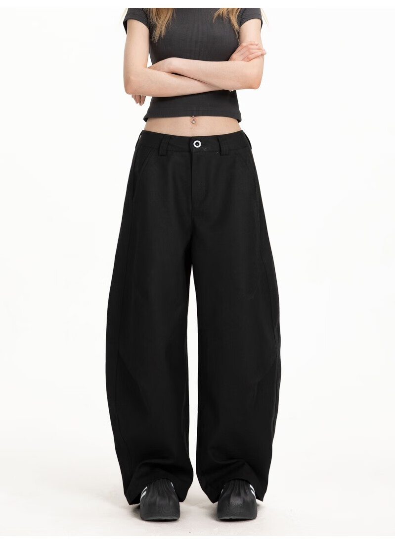 ICH MODE Women's American Style Autumn Winter Loose Straight Relaxed Curved Wide Leg Casual Pants Black L 4