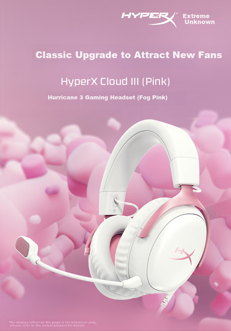 HYPERX Cloud III Wired Gaming Headset with Fog Light Pink, DTS Sound, 53mm Driver Unit, E-Sports Over-Ear Gaming Headphones Compatible with Triaxial Actio 1