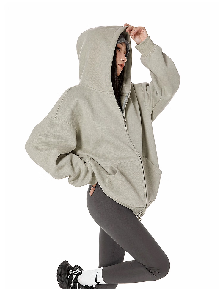 ICH MODE Fleece-Lined American Style Hoodie Jacket Women Autumn Winter Loose Fit Double Zipper Cardigan Lazy Long Sleeve Coat Black L 23