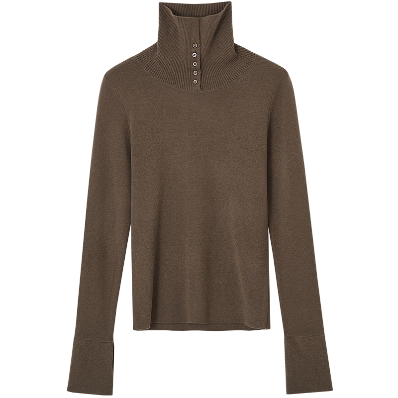 Dme [Containing Wool] Autumn Knit Sweater with Button-Up Collar, Contrasting Color, Flared Sleeves, Slim Fit, Concealing Body Shape, Women's Top