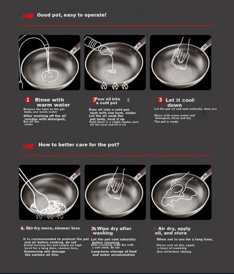 KBH Non-Stick Frying Pan, Skillet, Wok, Pure Titanium, No Coating, Antibacterial, 316L Stainless Steel, Uncoated 15