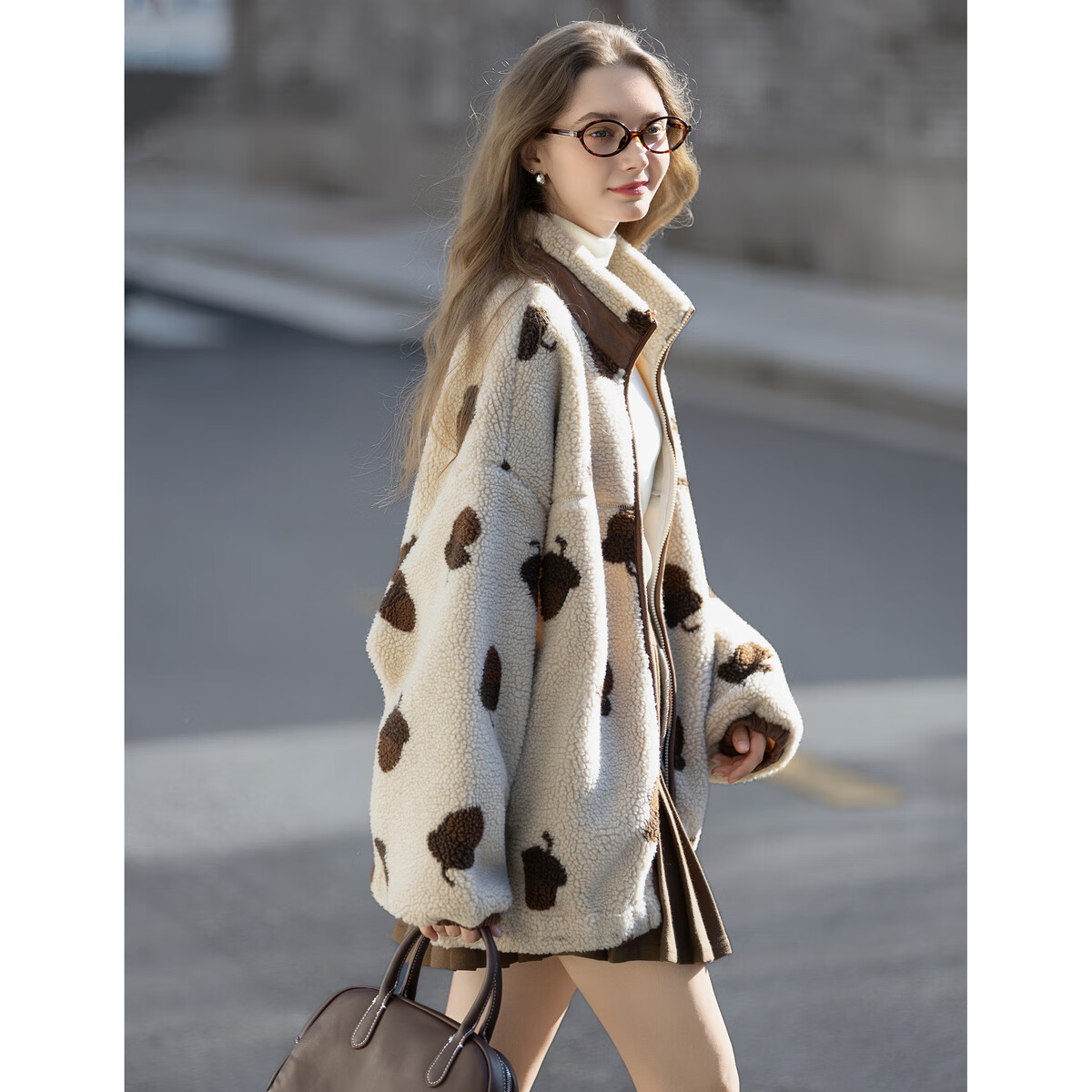 TonLion 2025 Autumn Winter Women's Stand Collar Full Print Faux Shearling Coat