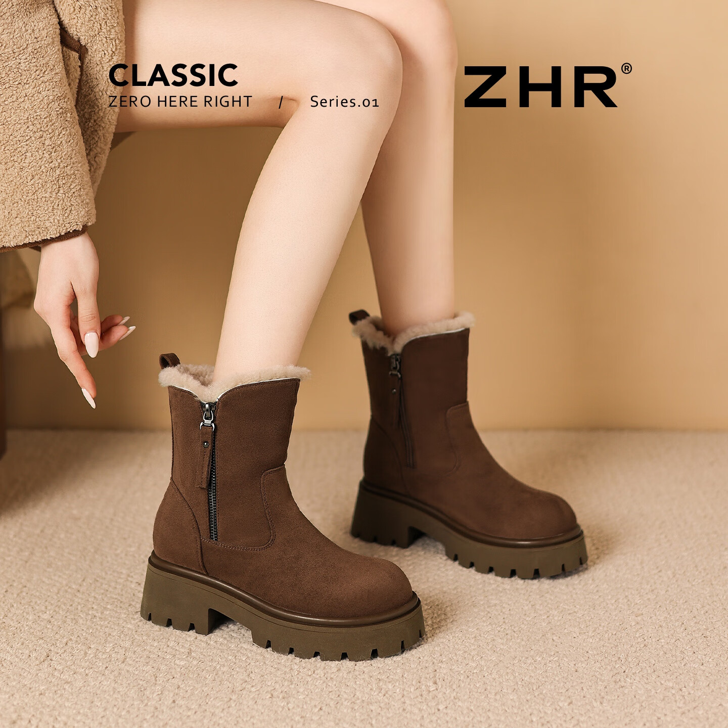 ZHR Women's Snow Boots Fleece Lined Thick Warm Cotton Shoes Northeast Thick Sole Short Boots 2025 New K381B Brown Size 36