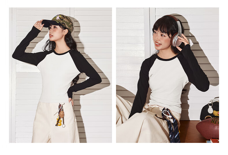 TonLion Women's Long Sleeve T-Shirt Short Color-Block Slim Fit Trendy Top Spring Autumn New 9