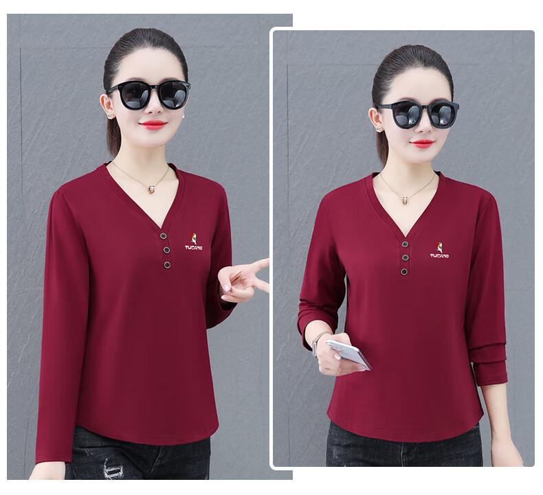 Woodpecker V-Neck Raglan Long Sleeve T-Shirt Women Autumn New Pure Cotton Fashion Casual Plus Size Base Shirt Top Gray Green 2XL 1