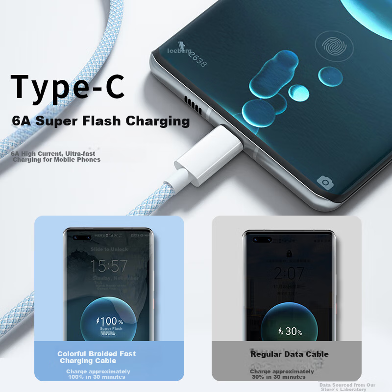 Кабель Nengshi Type-C, 100W, 6A, для Huawei Nova, Xiaomi, Vivo, Honor, OPPO, синий, 1 метр