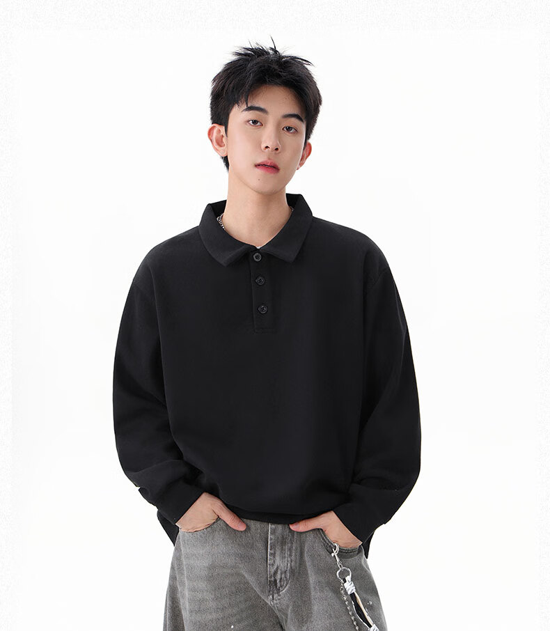Dingfengbaoluo Heavyweight Polo Collar Sweatshirt Men Autumn Winter Trendy Casual Loose Simple Solid Color Top DQZ10 Black XL 10