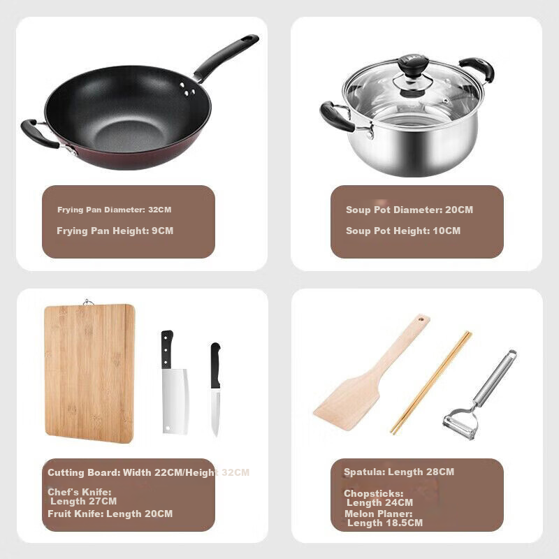 MAXCOOK Cookware Set Including Wok, Soup Pot, Cutting Board, Chef's Knife, Chopsticks, Wooden Spatula, Peeler, Small Knife, And Kitchen Utensils, 8-Piece Set MCTZ004