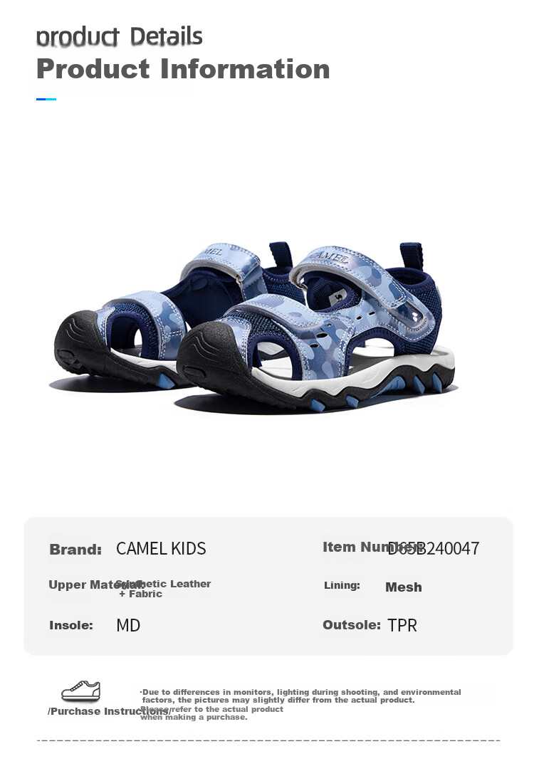 CAMEL Children's Sandals, Summer Beach Shoes, Closed-Toe, Anti-Collision, Non-Slip, Velcro Straps, for Older Childre 14
