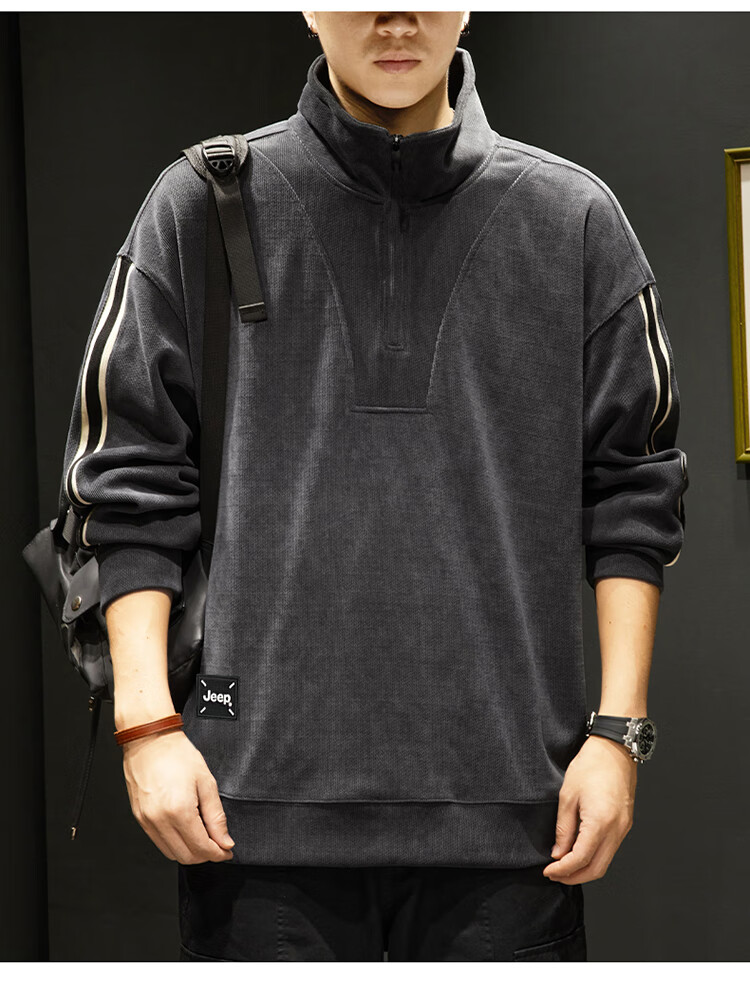 JEEP Men's Autumn Winter Corduroy Thickened Warm Loose Long Sleeve Zip-up Sweatshirt Dark Gray M 4