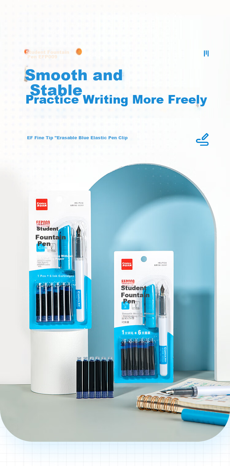 COMIX Erasable Posture Correction Fountain Pen 0.38mm Wuhuang Collaboration Erasable Copy Pen 1 Piece EF Fine Nib Erasable Blue Ink Cartridge 4 Pieces EWHGF0100 1