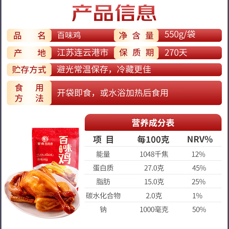 紫燕百味鸡烧鸡扒鸡烤鸡肉卤味熟食露营踏青即食零大夜宵快手预制菜下酒550g