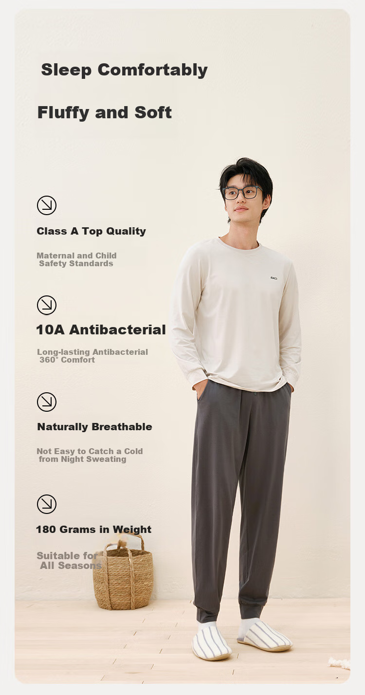 JD Original [Tiansi Cotton] 10A Antibacterial Pajamas for Men, Autumn And Winter Men's Sleepwear, Cotton Quick-Dry Round Neck Men's Loungewear M 5