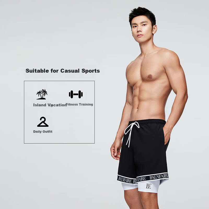 BALNEAIRE Men's Swim Shorts, Quick-Drying Hot Spring Pants, Fashionable Double-Layer Casual Sports Beach Shorts, 50435 Cool Black And White, Size L